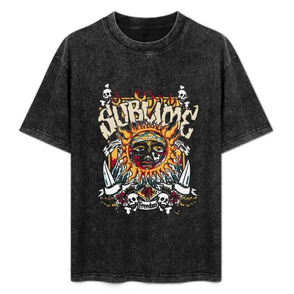 Holafish Oversized Acid Wash Vintage Sun Graphic T-Shirt Heavyweight Cotton Streetwear Casual Sassy Statement Tees for Men & Women