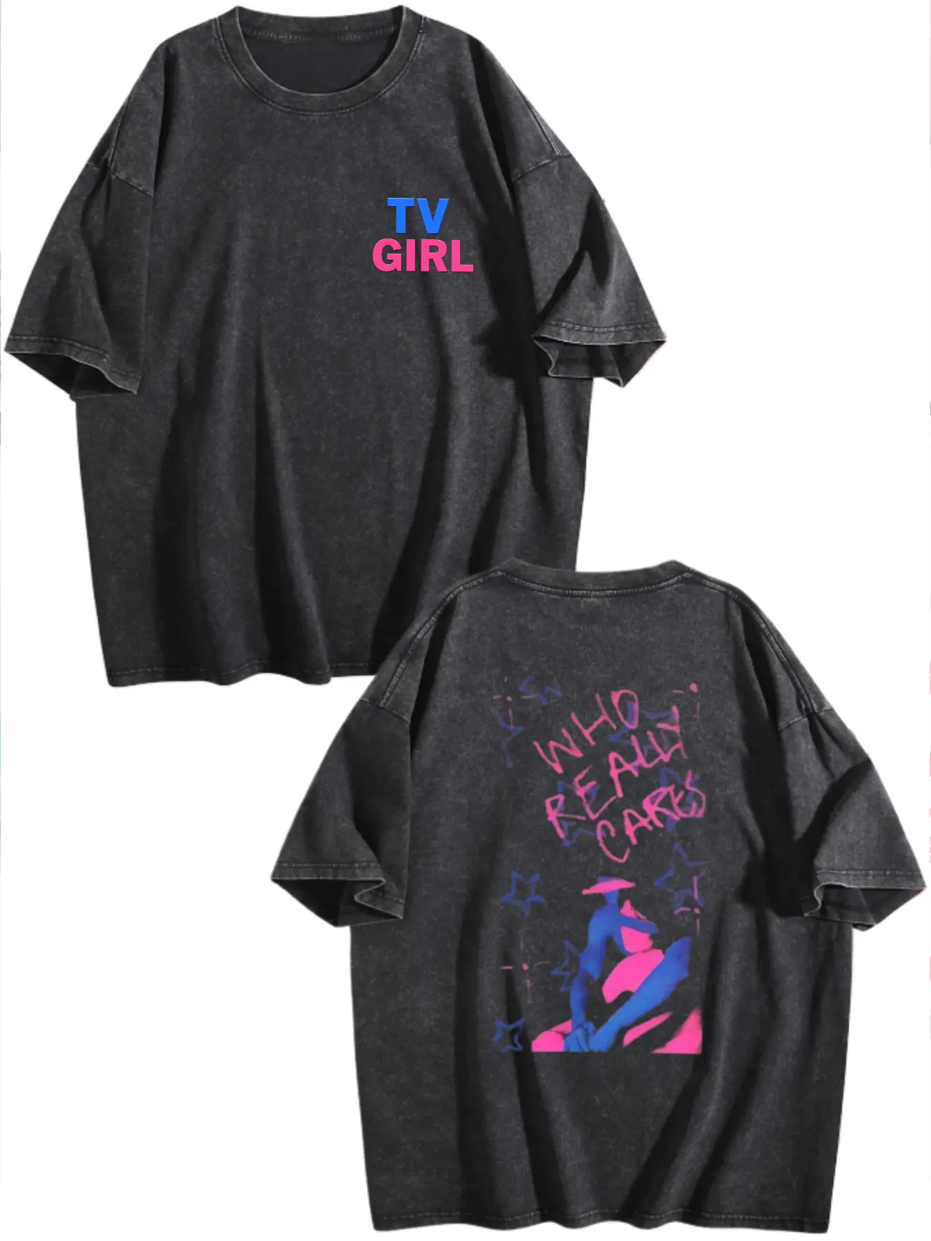 TV Girl Who Really Cares Graphic Tee, Indie Pop Band Tour Shirt, Vaporwave Aesthetic Streetwear, Washed Black Unisex Music Fan T-Shirt Breathable Long