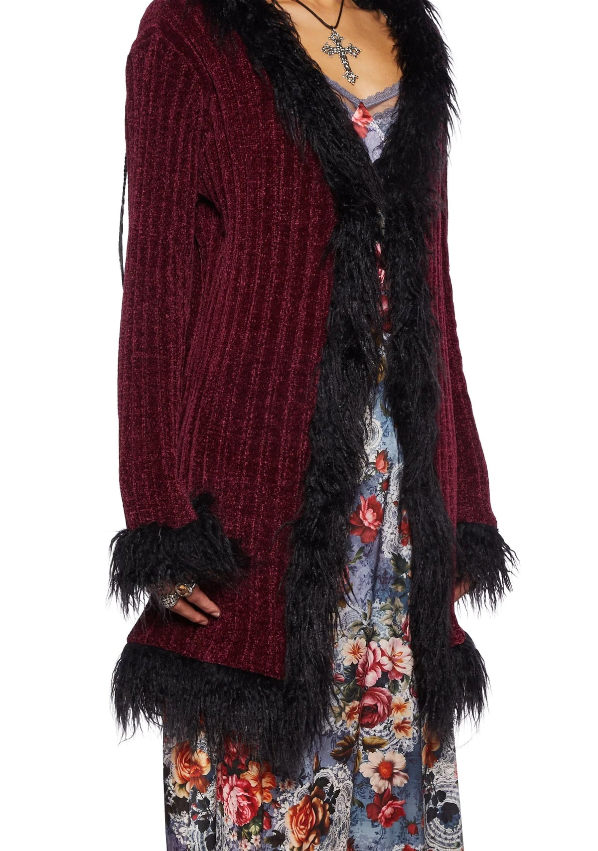 Furry Foe Long Cardigan-Burgundy
