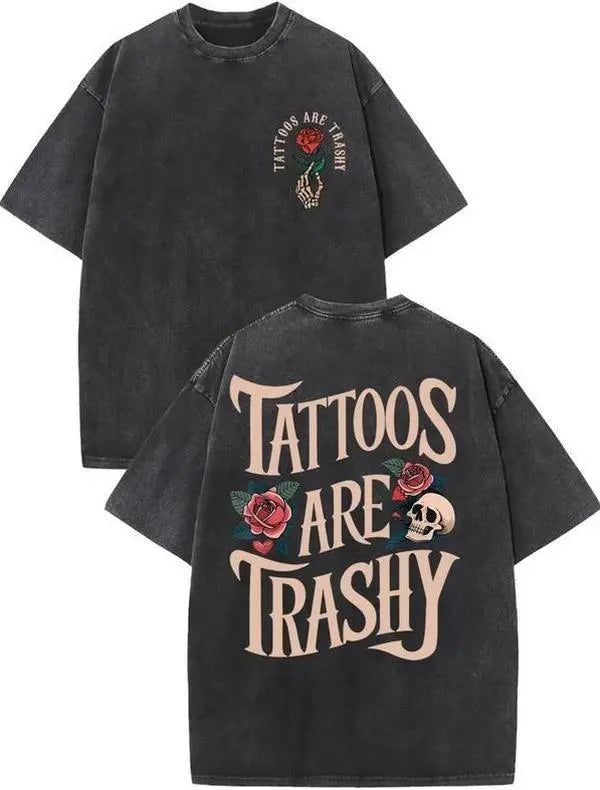 Vintage Cotton T-Shirt High Quality Cotton Vintage Wash Style Men's Double-Sided Printed T-Shirt Tattoos Are Trashy Summer Wear Drop Shoulder Sleeves Round Neck Short-Sleeved Top