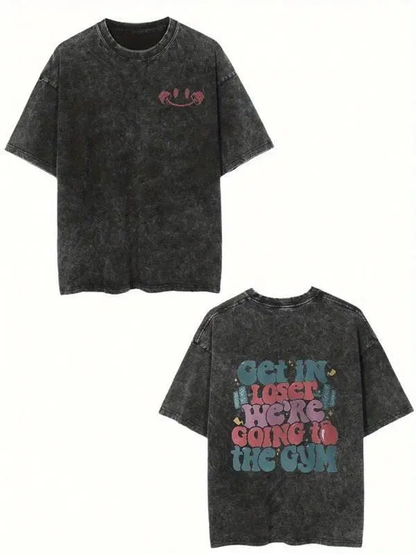 Men'S & Women'S Funny Gym T-Shirt - Vintage Washed Oversized Fit with "Everything Hurts & I'm Hungry" & "Get In Loser We're Going to the Gym" Slogans - Dark Gray Retro Workout Shirt with joyful Face & Motivational Print - Relaxed