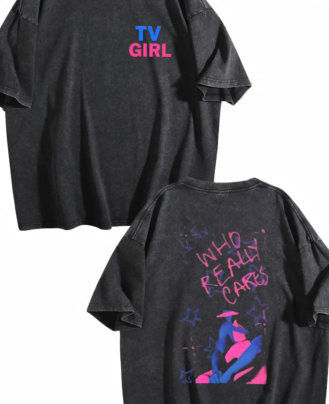 TV Girl Who Really Cares Graphic Tee, Indie Pop Band Tour Shirt, Vaporwave Aesthetic Streetwear, Washed Black Unisex Music Fan T-Shirt Breathable Long