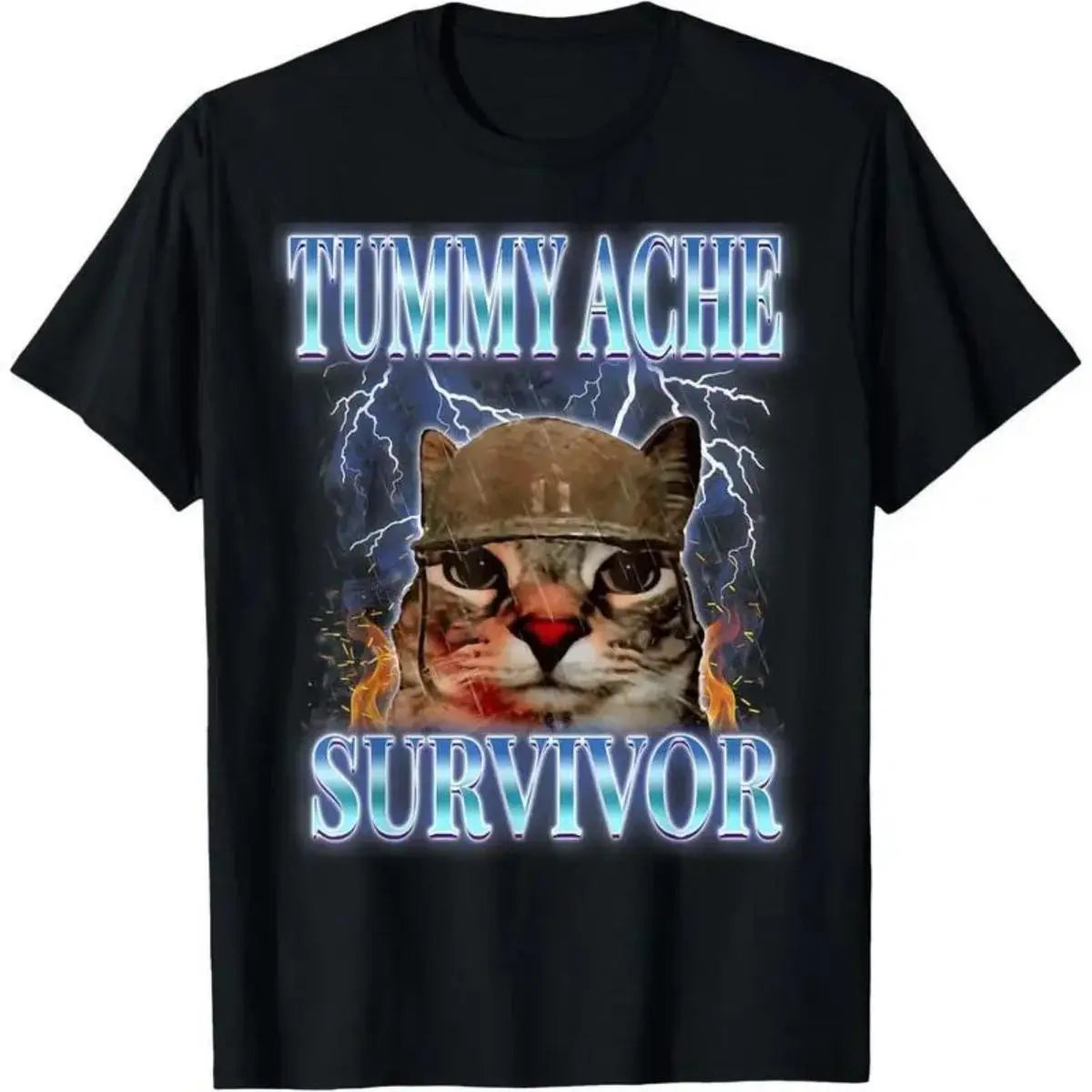 Tummy Ache Survivor Cat Meme Funny Saying Cats Animals T-Shirt for adult kids boy graphic Tees shirts funny vintage fashion Short Sleeve tops vacation outfits clothing