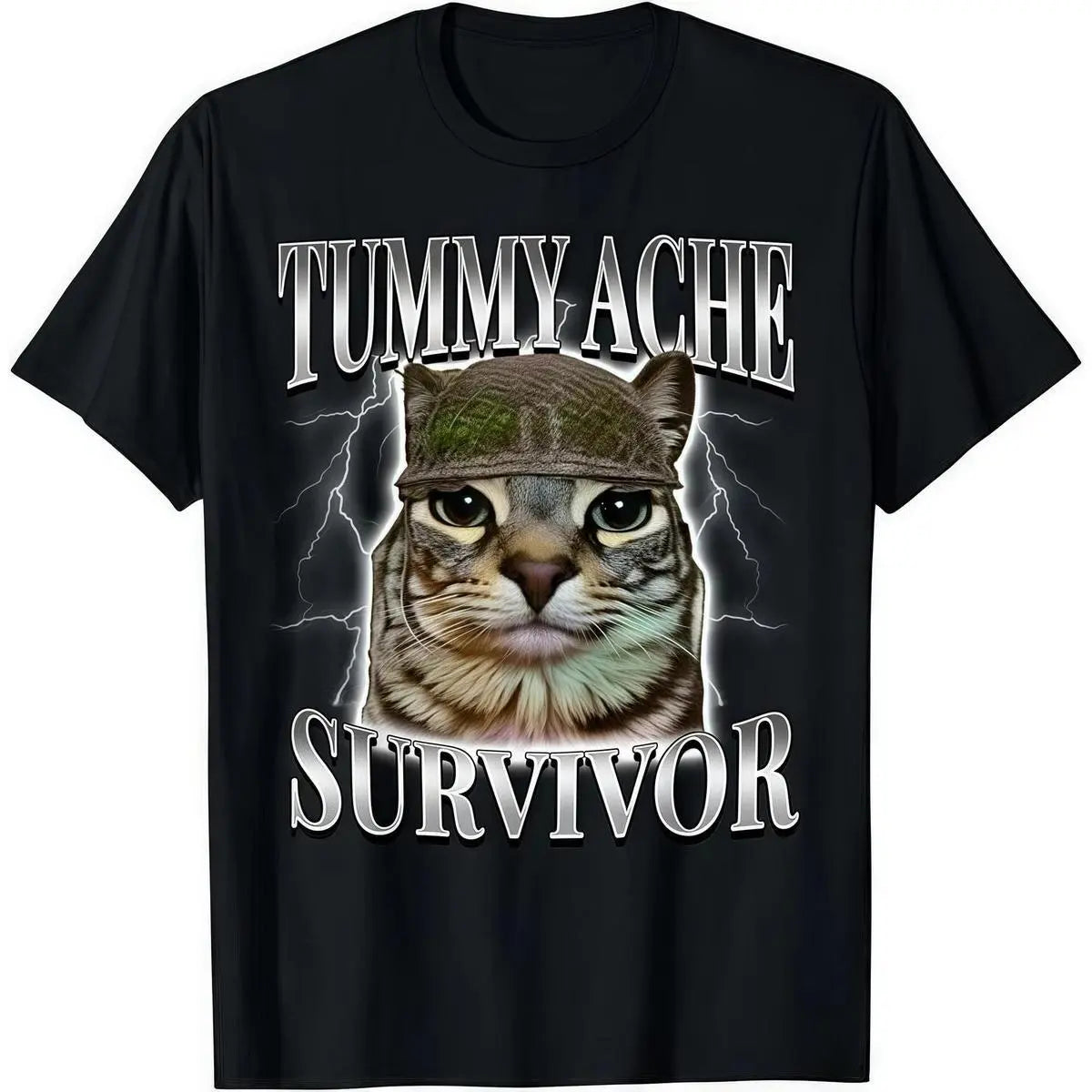 Tummy Ache Survivor Cat Meme Funny Saying Cats Animals T-Shirt for adult kids boy graphic Tees shirts funny vintage fashion Short Sleeve tops vacation outfits clothing