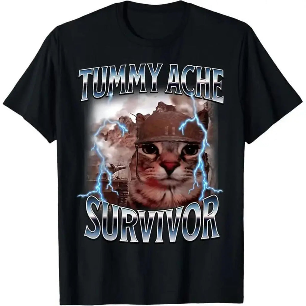 Tummy Ache Survivor Cat Meme Funny Saying Cats Animals T-Shirt for adult kids boy graphic Tees shirts funny vintage fashion Short Sleeve tops vacation outfits clothing