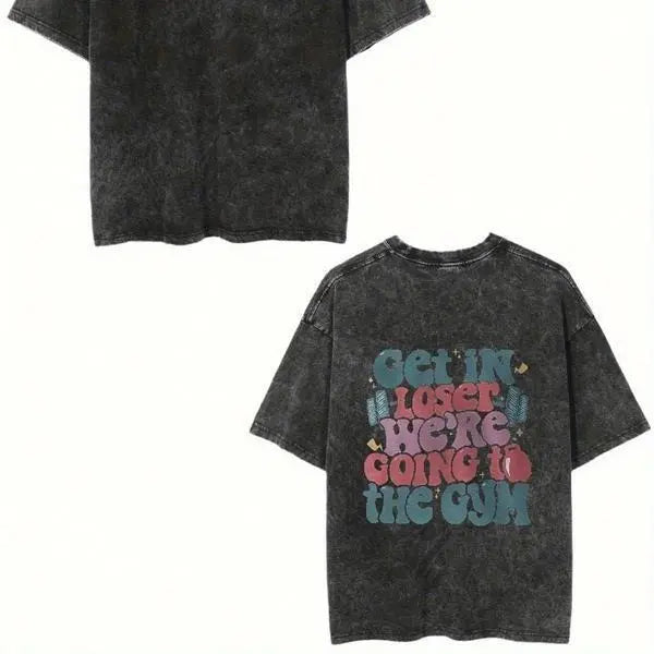 Men'S & Women'S Funny Gym T-Shirt - Vintage Washed Oversized Fit with "Everything Hurts & I'm Hungry" & "Get In Loser We're Going to the Gym" Slogans - Dark Gray Retro Workout Shirt with joyful Face & Motivational Print - Relaxed
