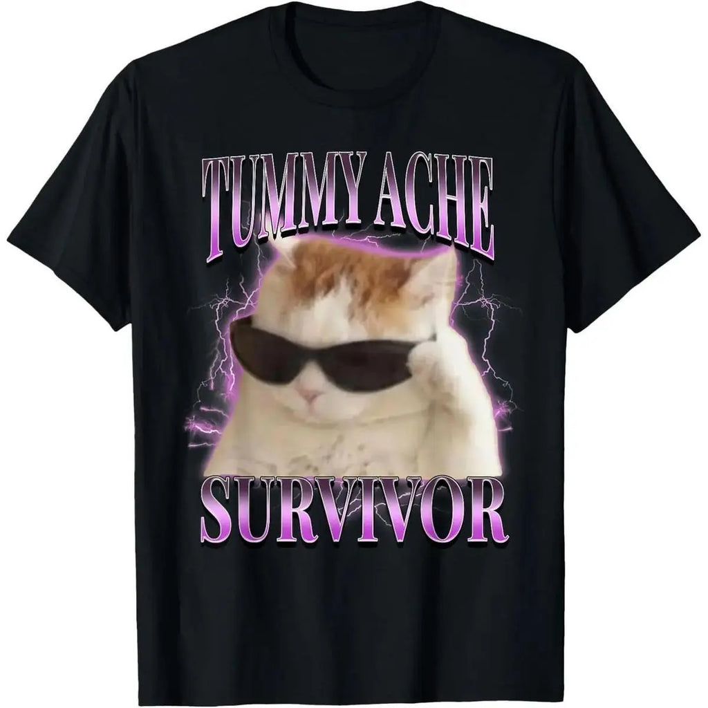 Tummy Ache Survivor Cat Meme Funny Saying Cats Animals T-Shirt for adult kids boy graphic Tees shirts funny vintage fashion Short Sleeve tops vacation outfits clothing