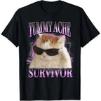 Tummy Ache Survivor Cat Meme Funny Saying Cats Animals T-Shirt for adult kids boy graphic Tees shirts funny vintage fashion Short Sleeve tops vacation outfits clothing