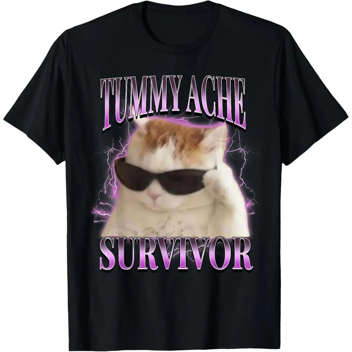 Tummy Ache Survivor Cat Meme Funny Saying Cats Animals T-Shirt for adult kids boy graphic Tees shirts funny vintage fashion Short Sleeve tops vacation outfits clothing