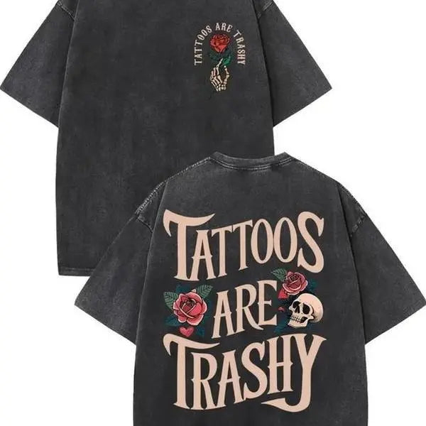 Vintage Cotton T-Shirt High Quality Cotton Vintage Wash Style Men's Double-Sided Printed T-Shirt Tattoos Are Trashy Summer Wear Drop Shoulder Sleeves Round Neck Short-Sleeved Top