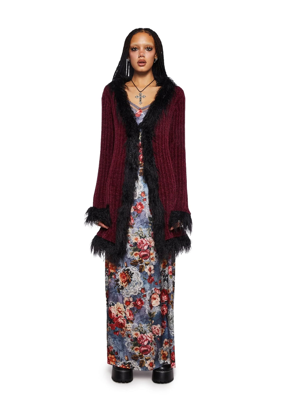 Furry Foe Long Cardigan-Burgundy
