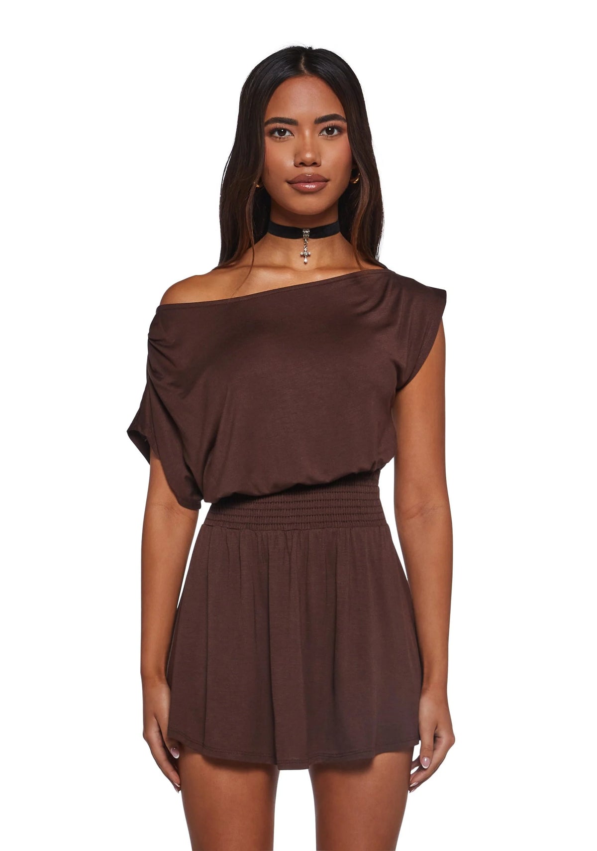 Crush Damage Off The Shoulder Dress – Brown