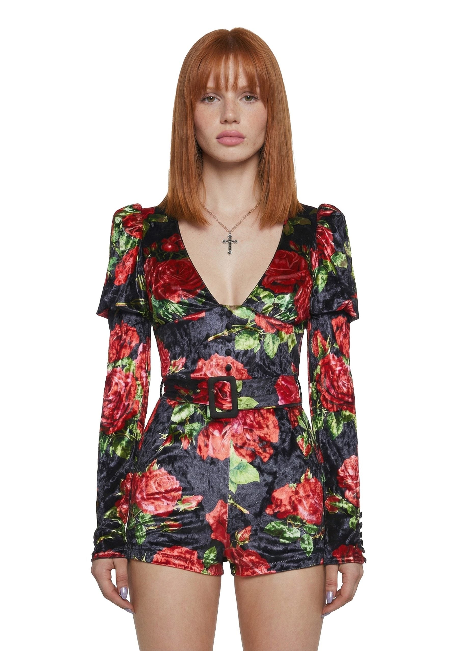 Chic Manners Velvet Romper – Black/Red