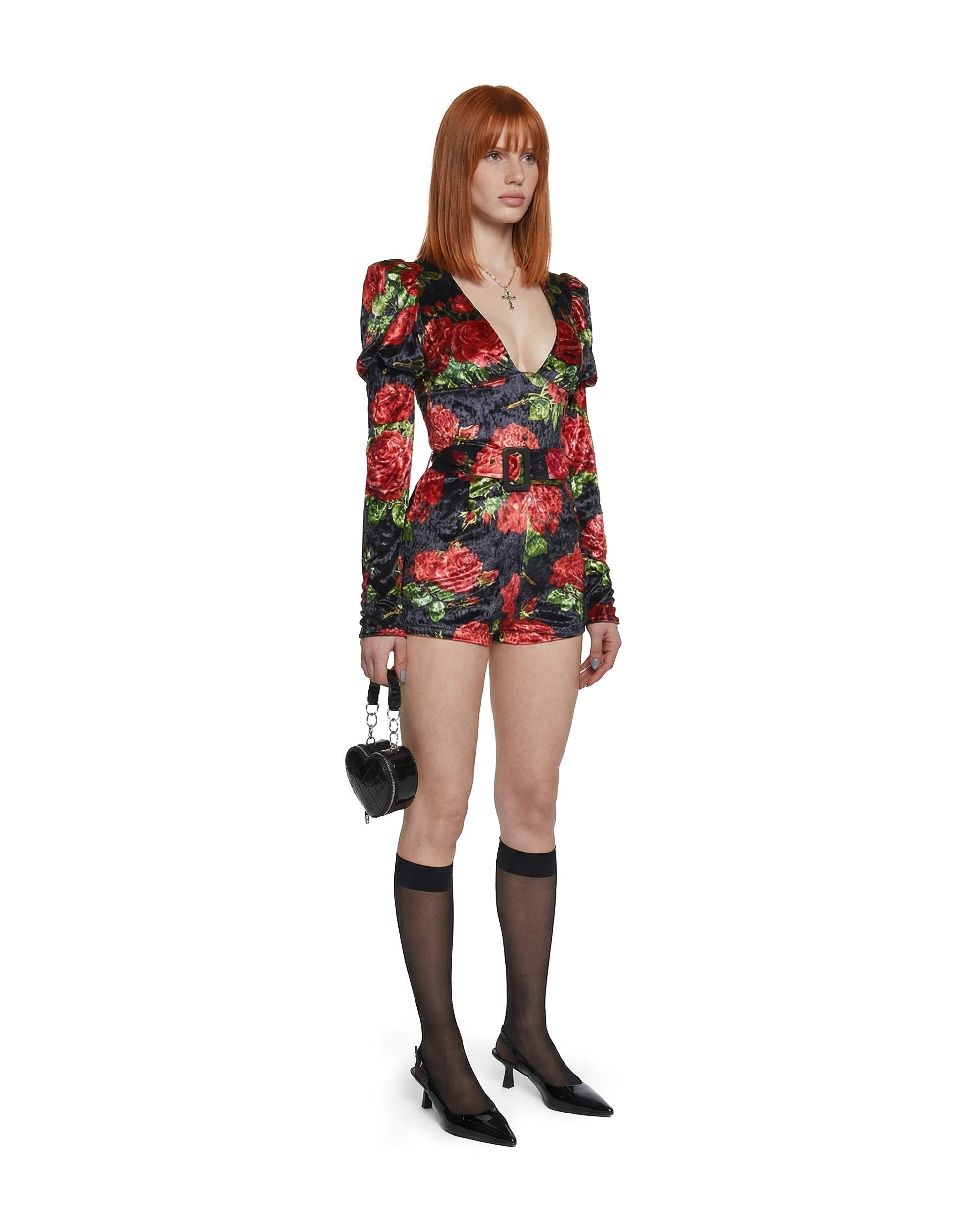 Chic Manners Velvet Romper – Black/Red