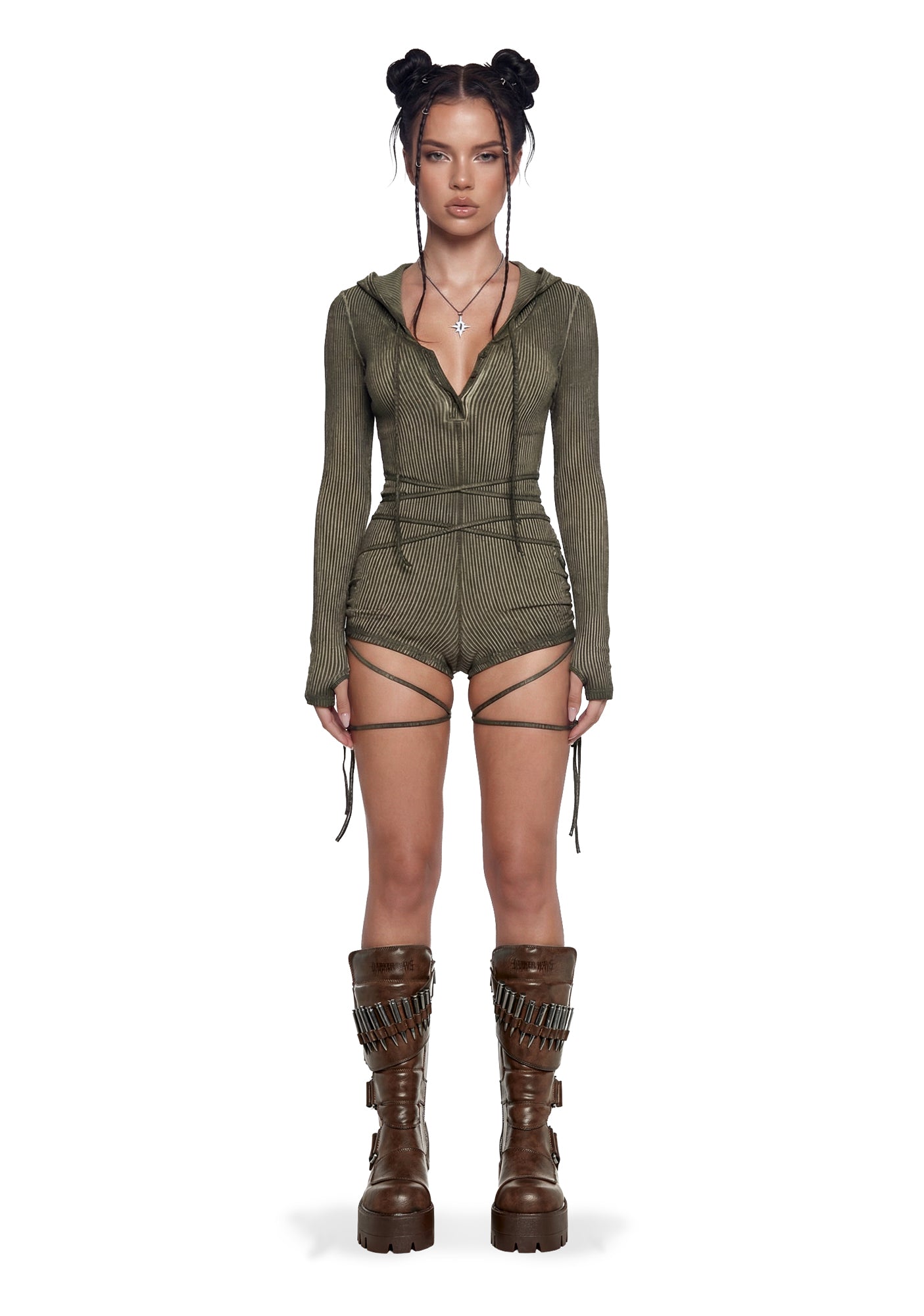 Crossfade Hooded Long Sleeve Romper – Green