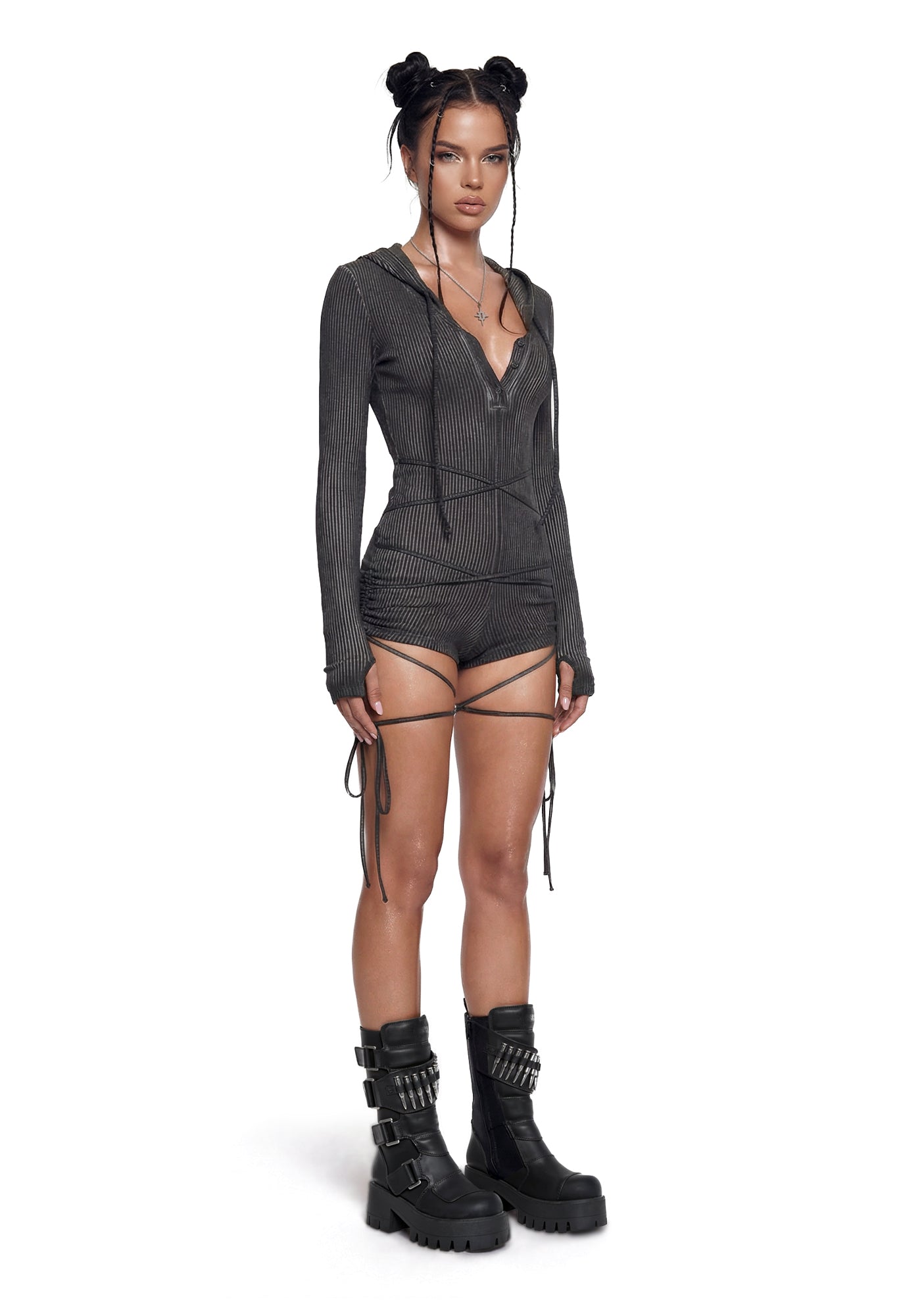 Crossfade Hooded Long Sleeve Romper – Black