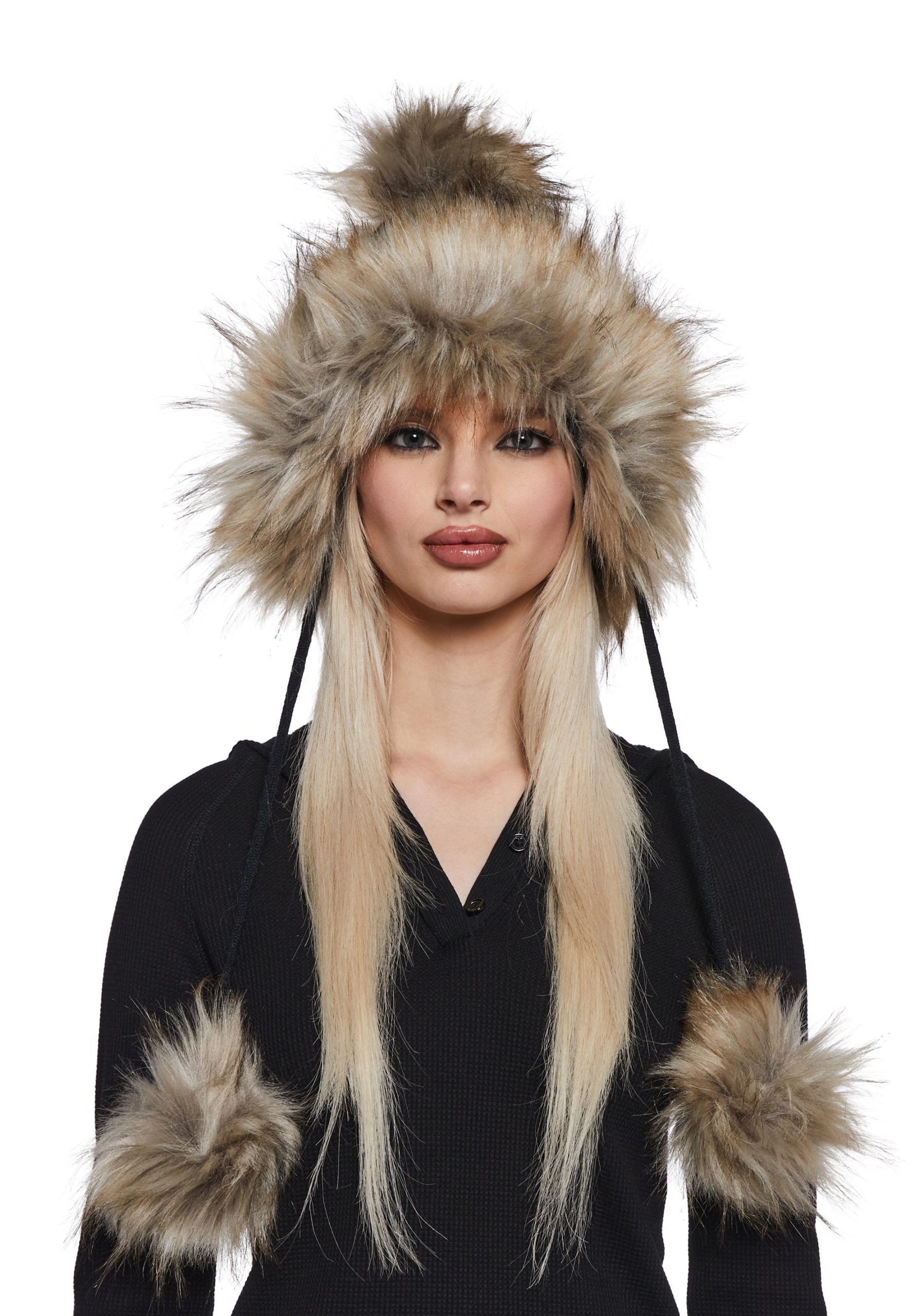 Bubble Pop Faux Fur Hat With Pom Poms – Black
