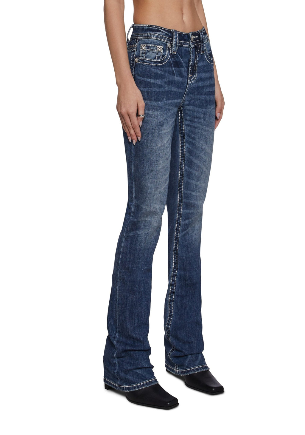 34″ Mid Rise Washed Boot Cut Jeans