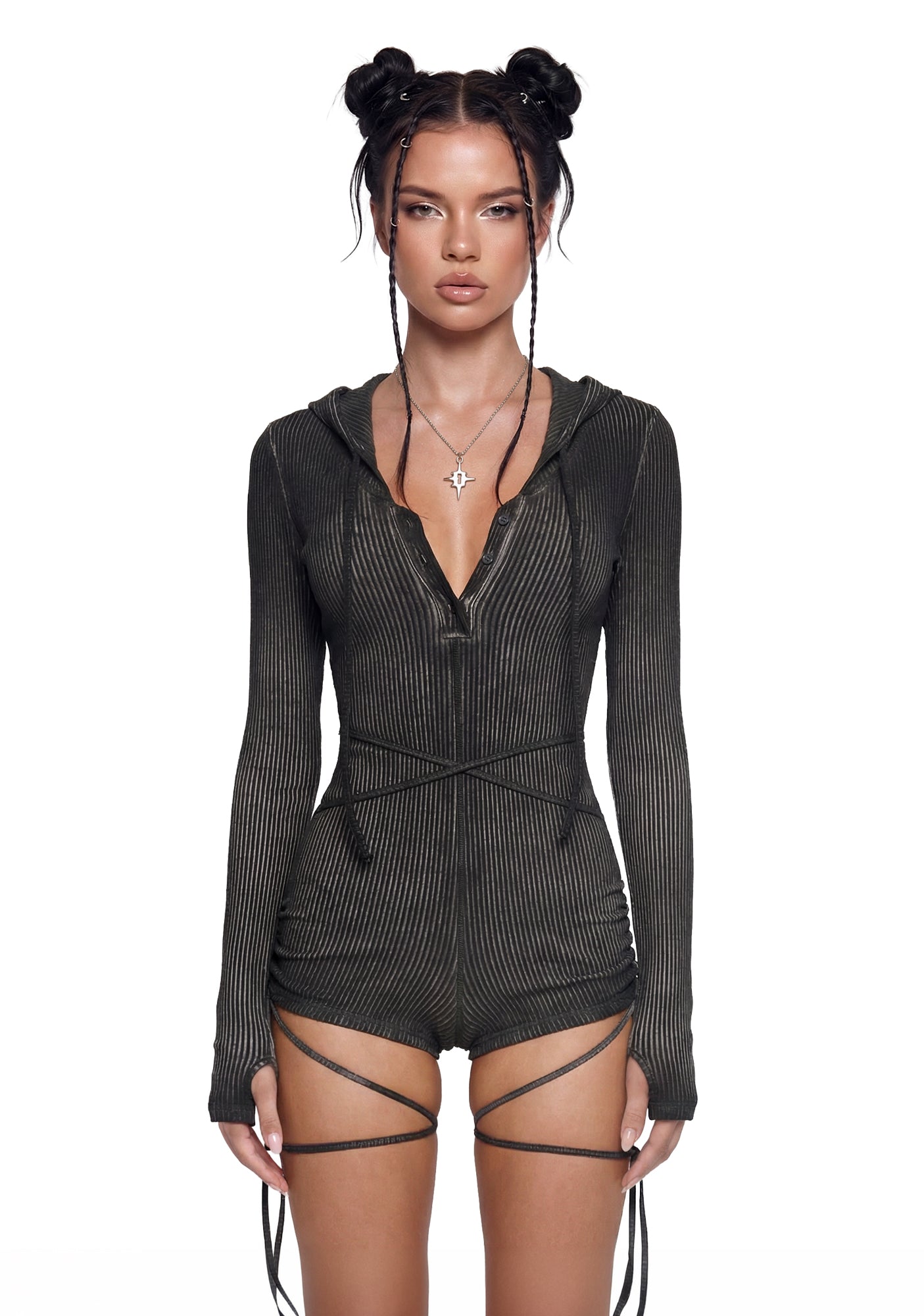 Crossfade Hooded Long Sleeve Romper – Black