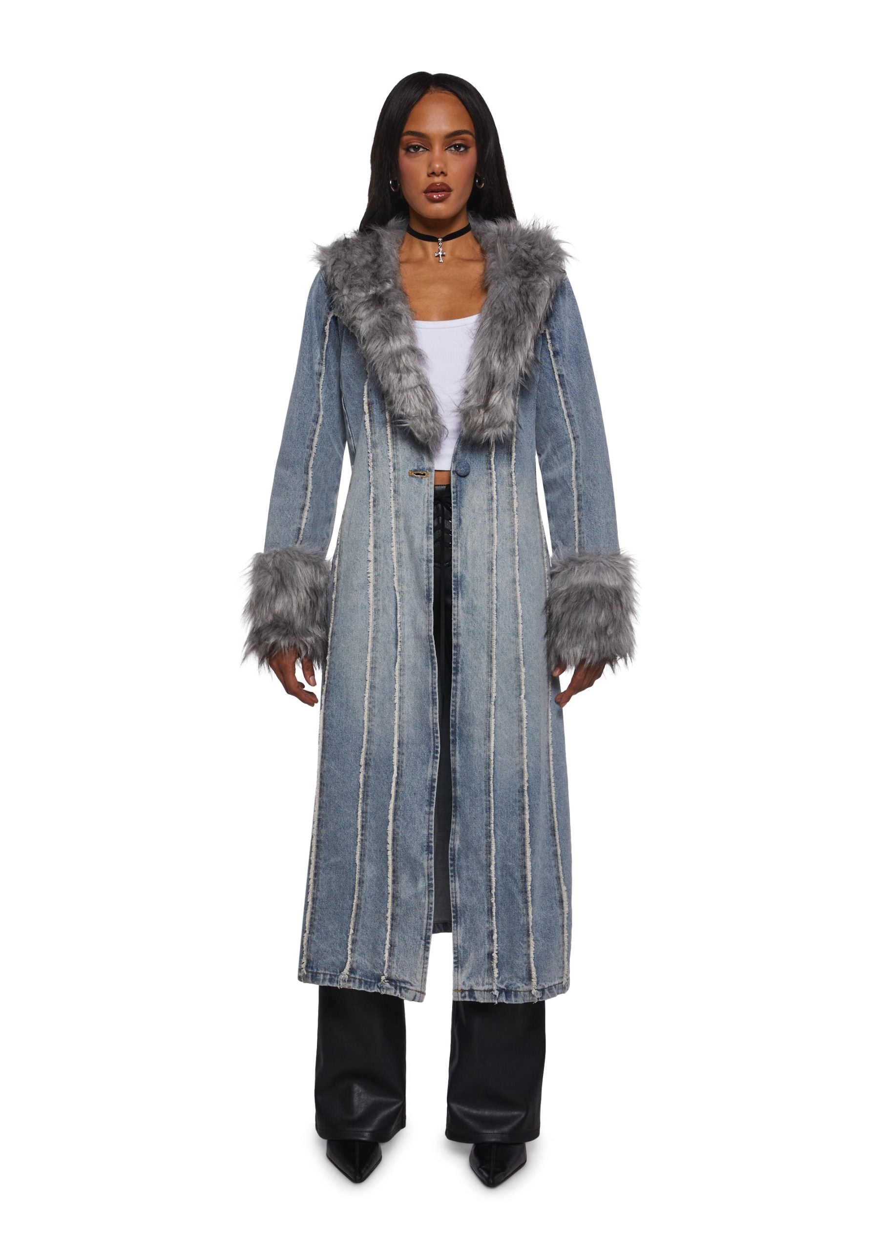 Off Beat Charm Denim Maxi Coat – Light Blue