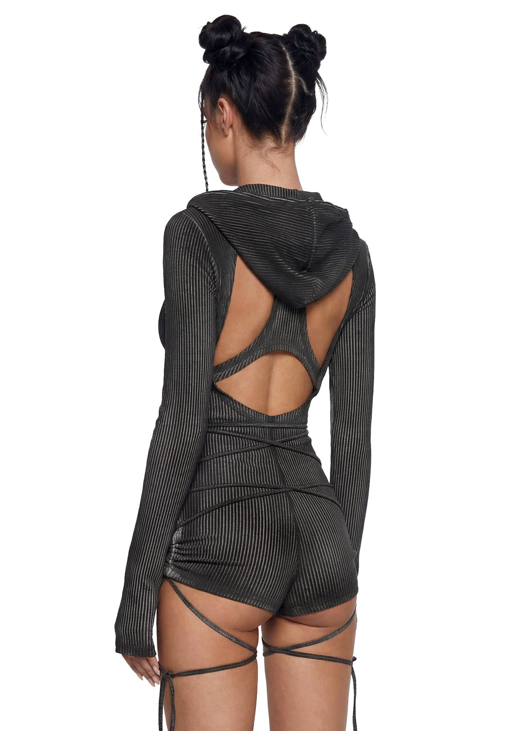 Crossfade Hooded Long Sleeve Romper – Black