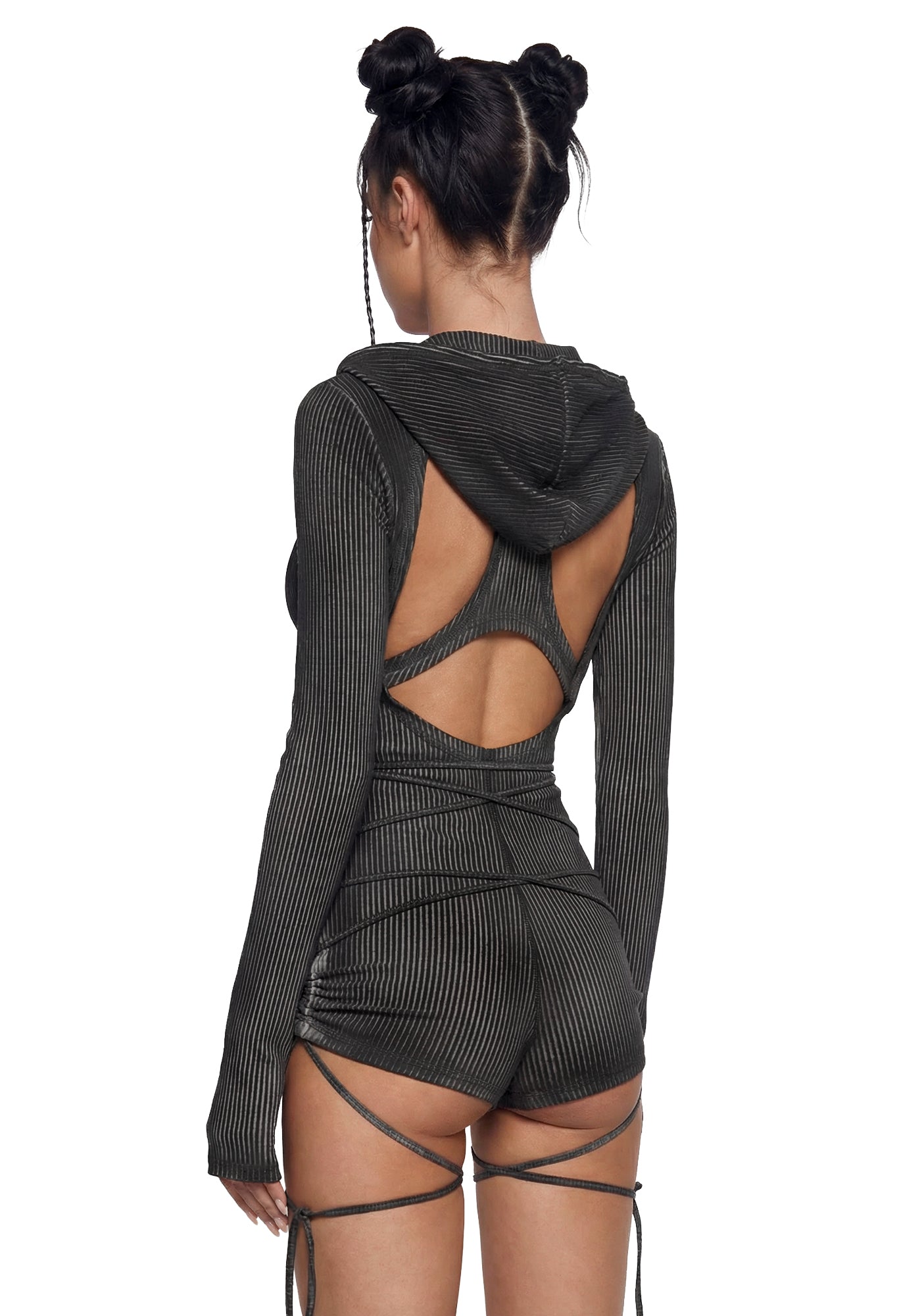 Crossfade Hooded Long Sleeve Romper – Black