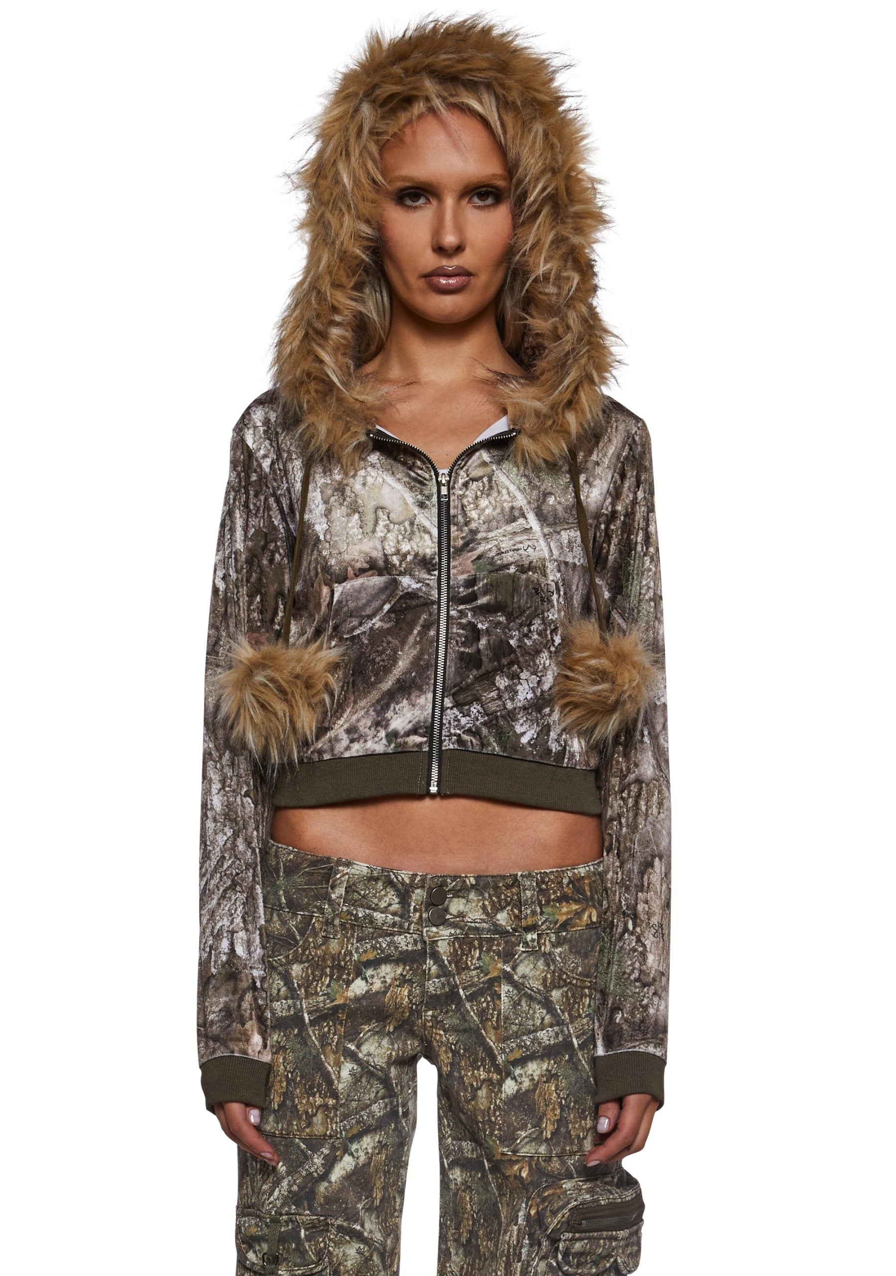 Camo Velour Hoodie With Faux Fur Trim