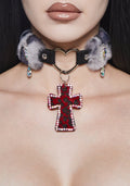 Vampy Wink Fur Cross Necklace – Gray