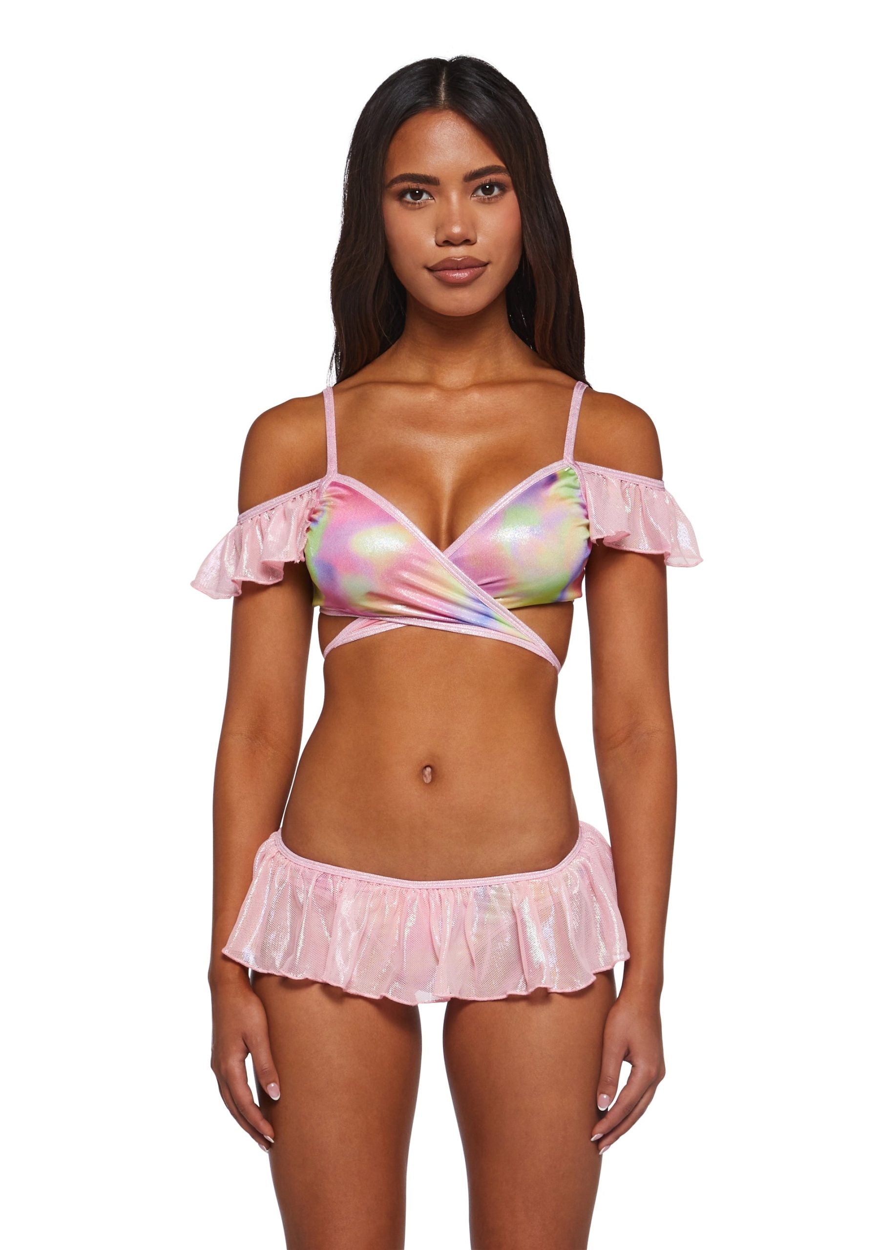 Metallic Coated Fishnet Bikini Set – Pink