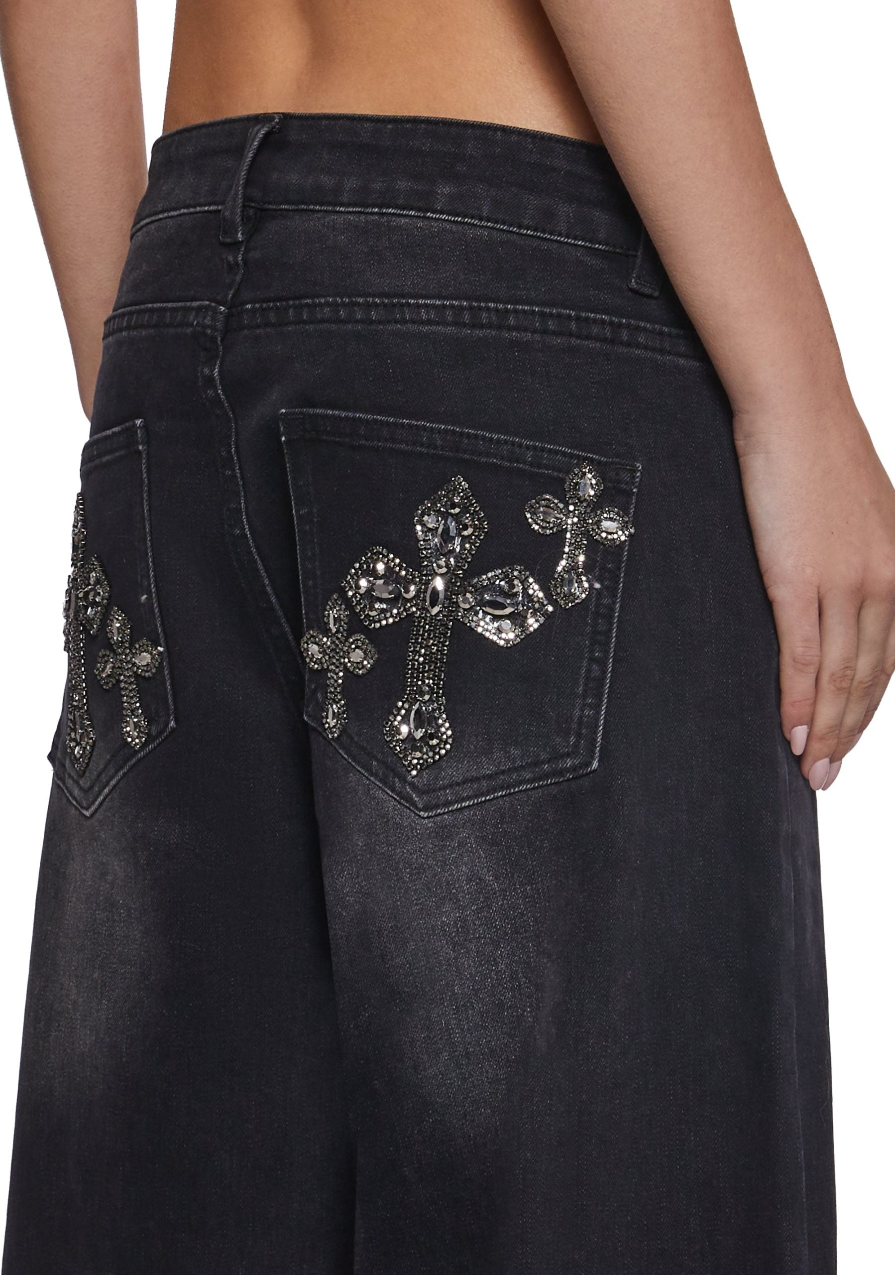 Sinful Attitude Wide Leg Jeans – Black Glitter