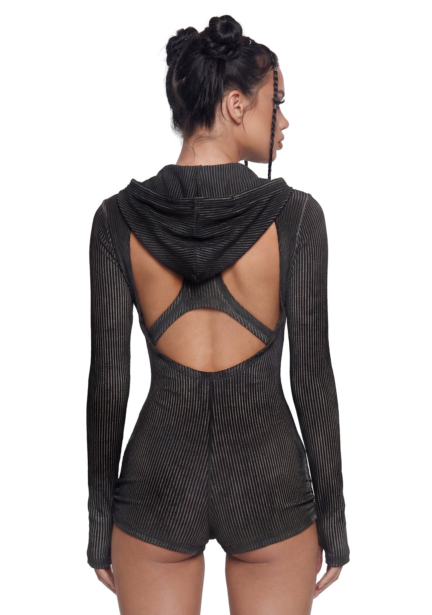 Crossfade Hooded Long Sleeve Romper – Black