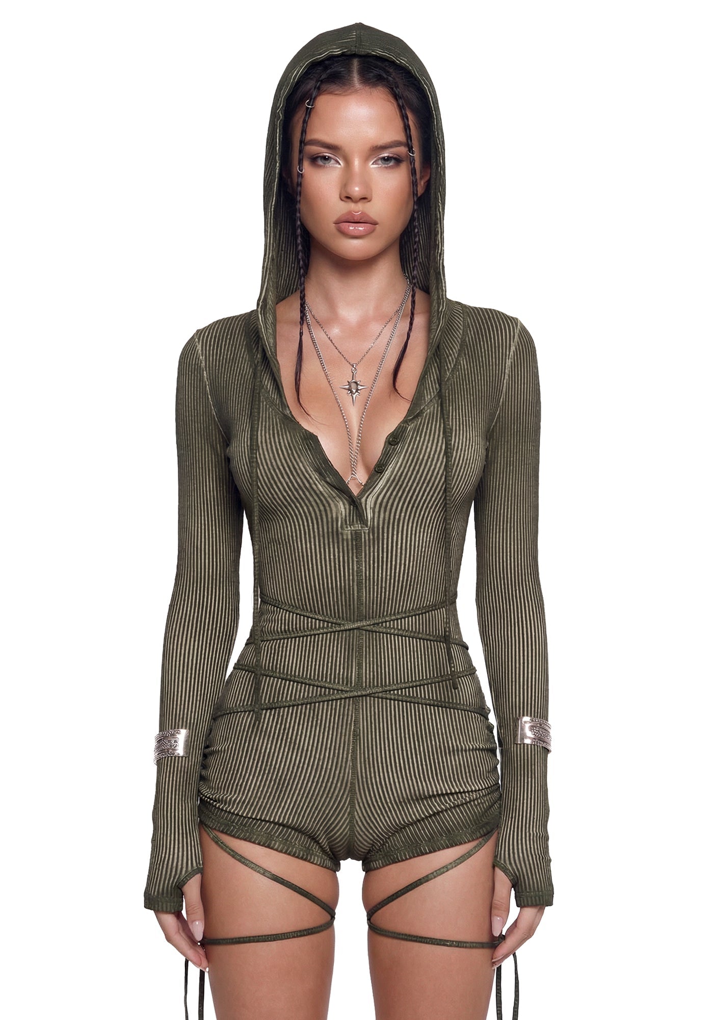 Crossfade Hooded Long Sleeve Romper – Green