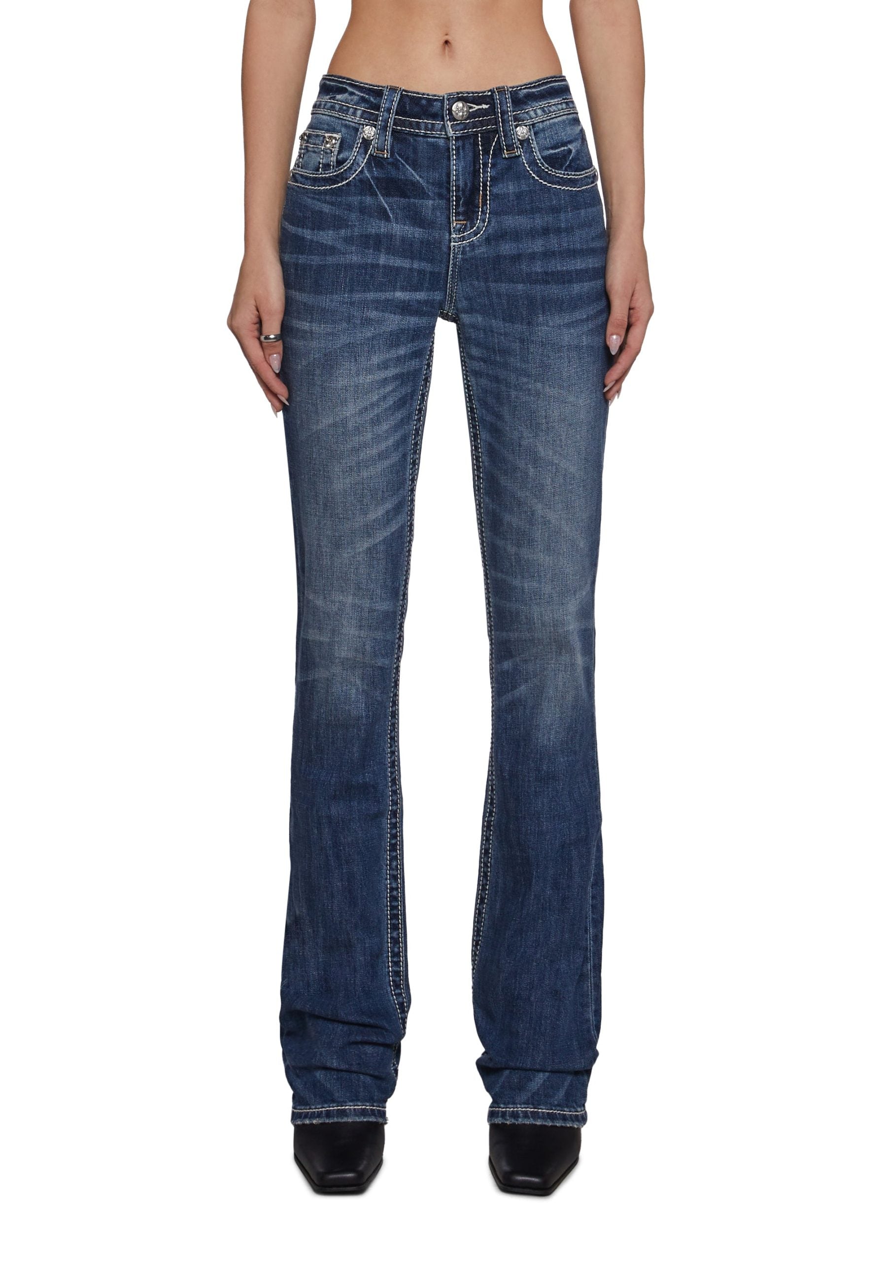 34″ Mid Rise Washed Boot Cut Jeans