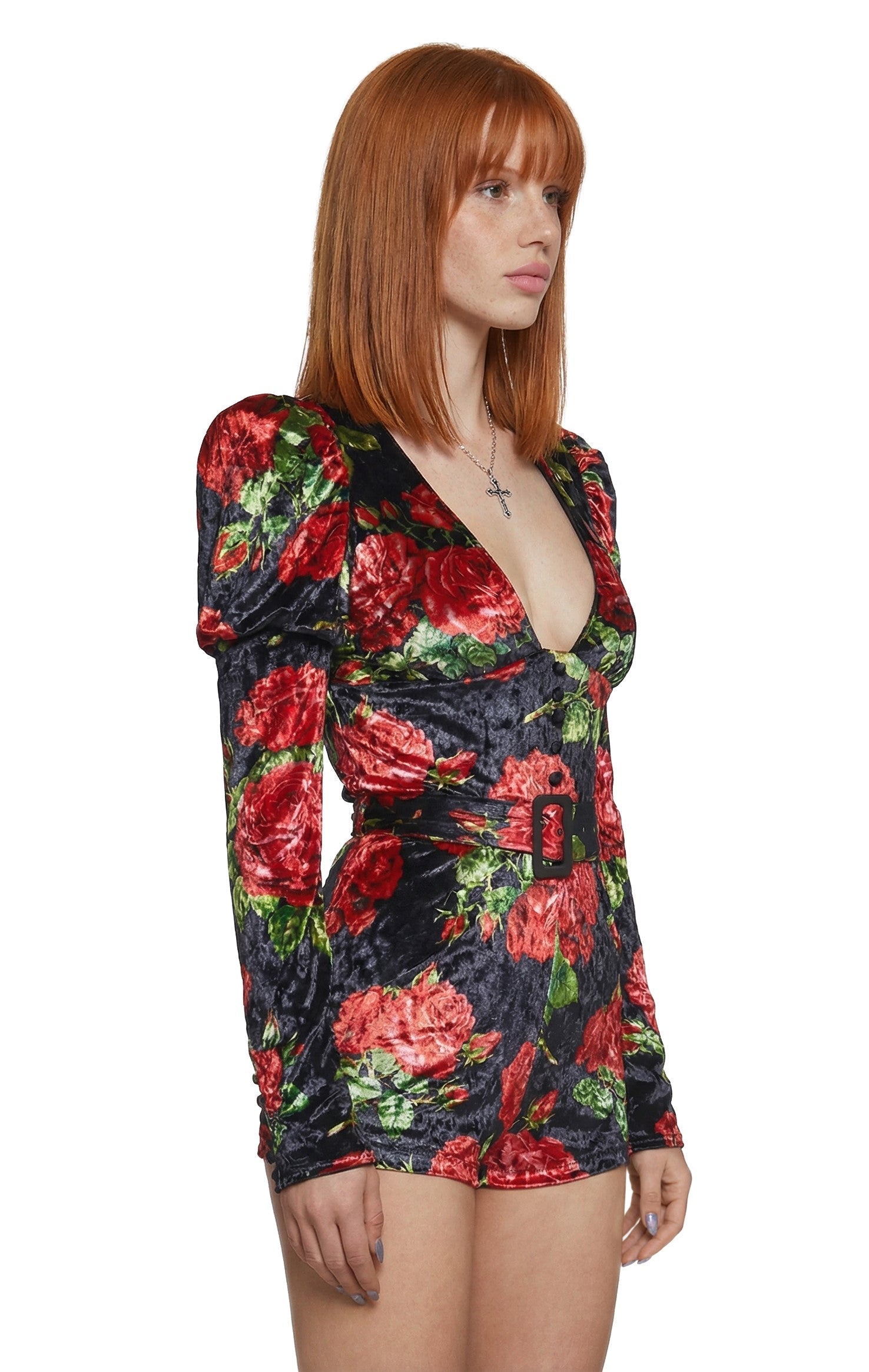 Chic Manners Velvet Romper – Black/Red