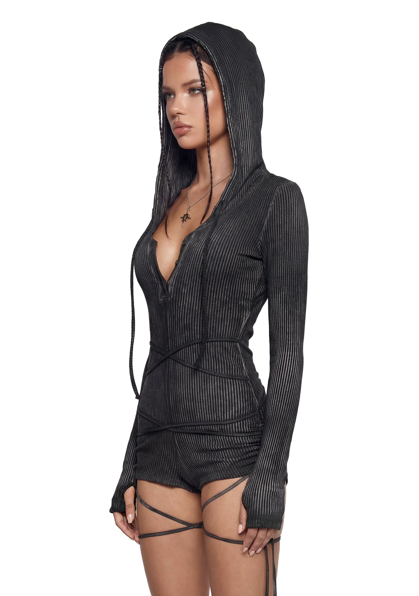 Crossfade Hooded Long Sleeve Romper – Black