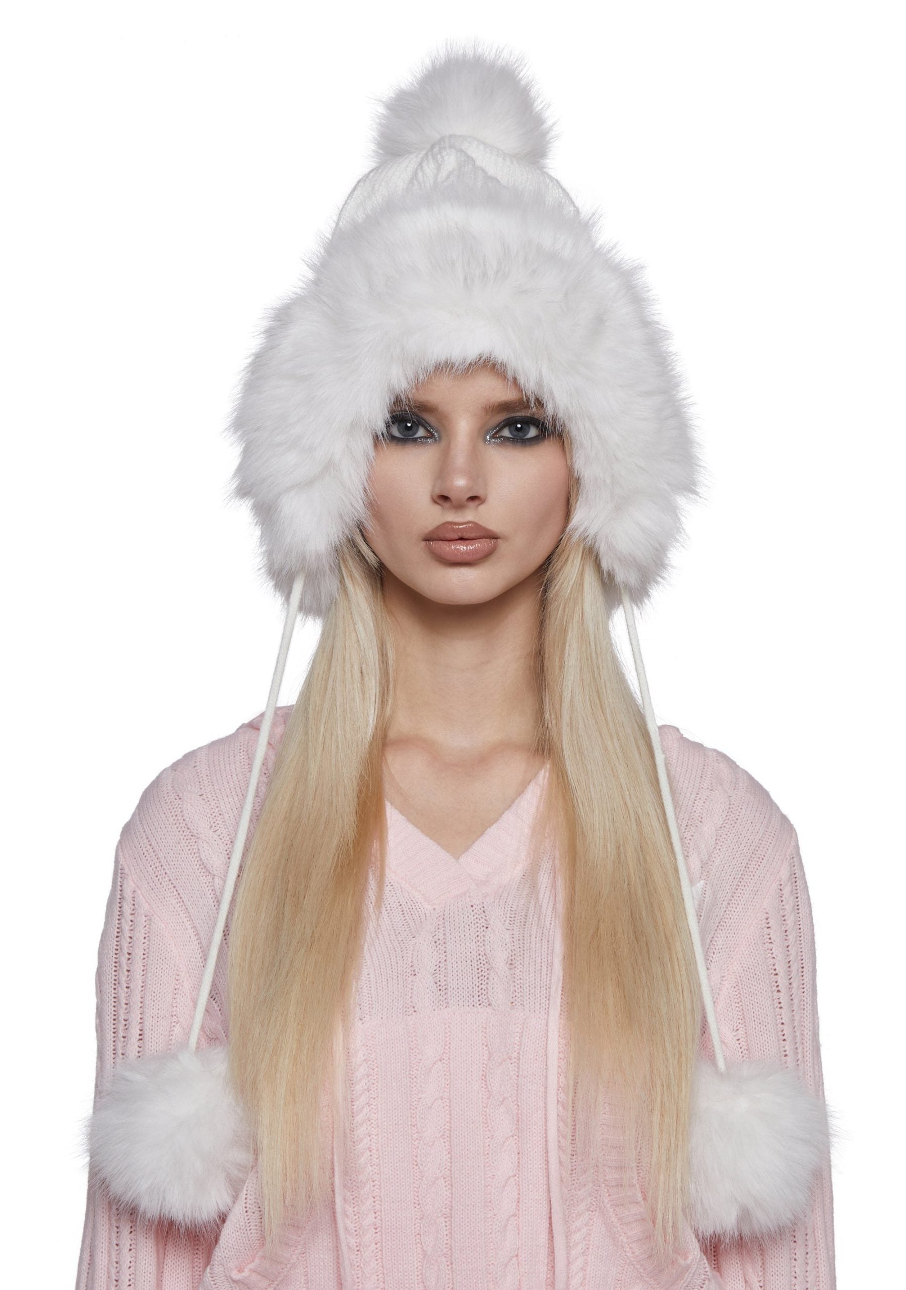 Bubble Pop Faux Fur Hat With Pom Poms – White