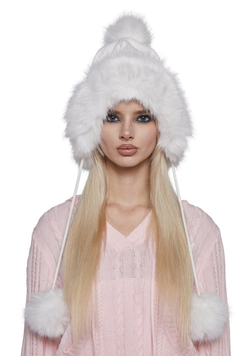Bubble Pop Faux Fur Hat With Pom Poms – White