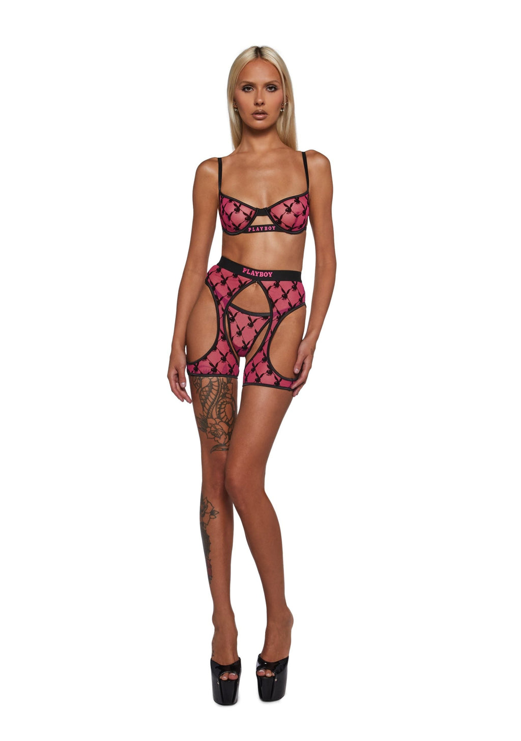Playboy Flocked Bunny Chaps Set – Pink/Black