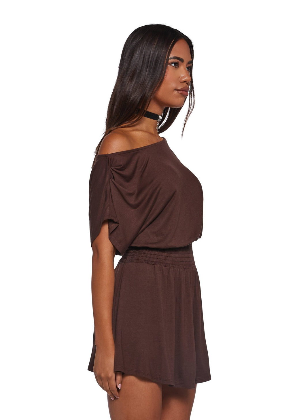 Crush Damage Off The Shoulder Dress – Brown