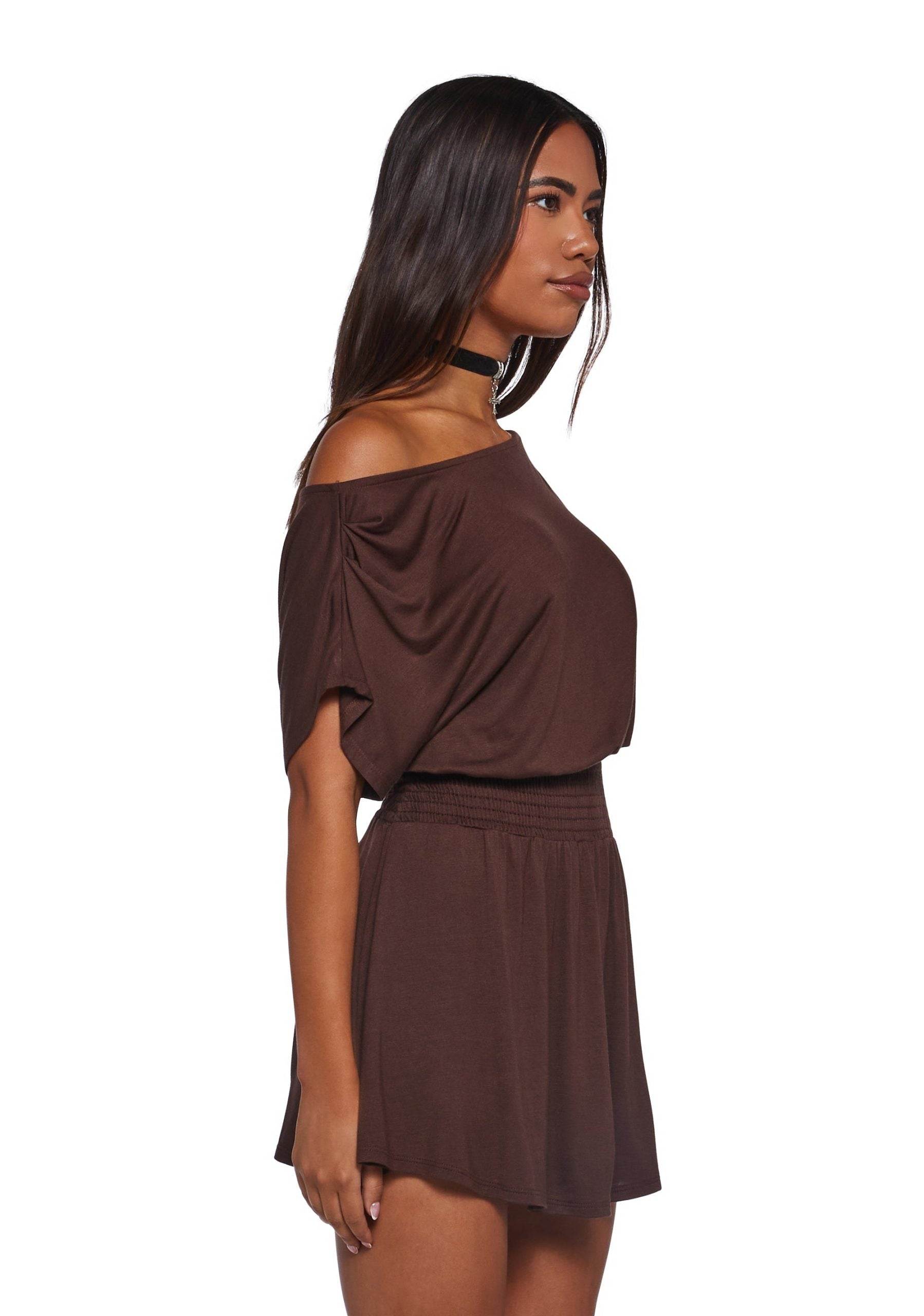 Crush Damage Off The Shoulder Dress – Brown