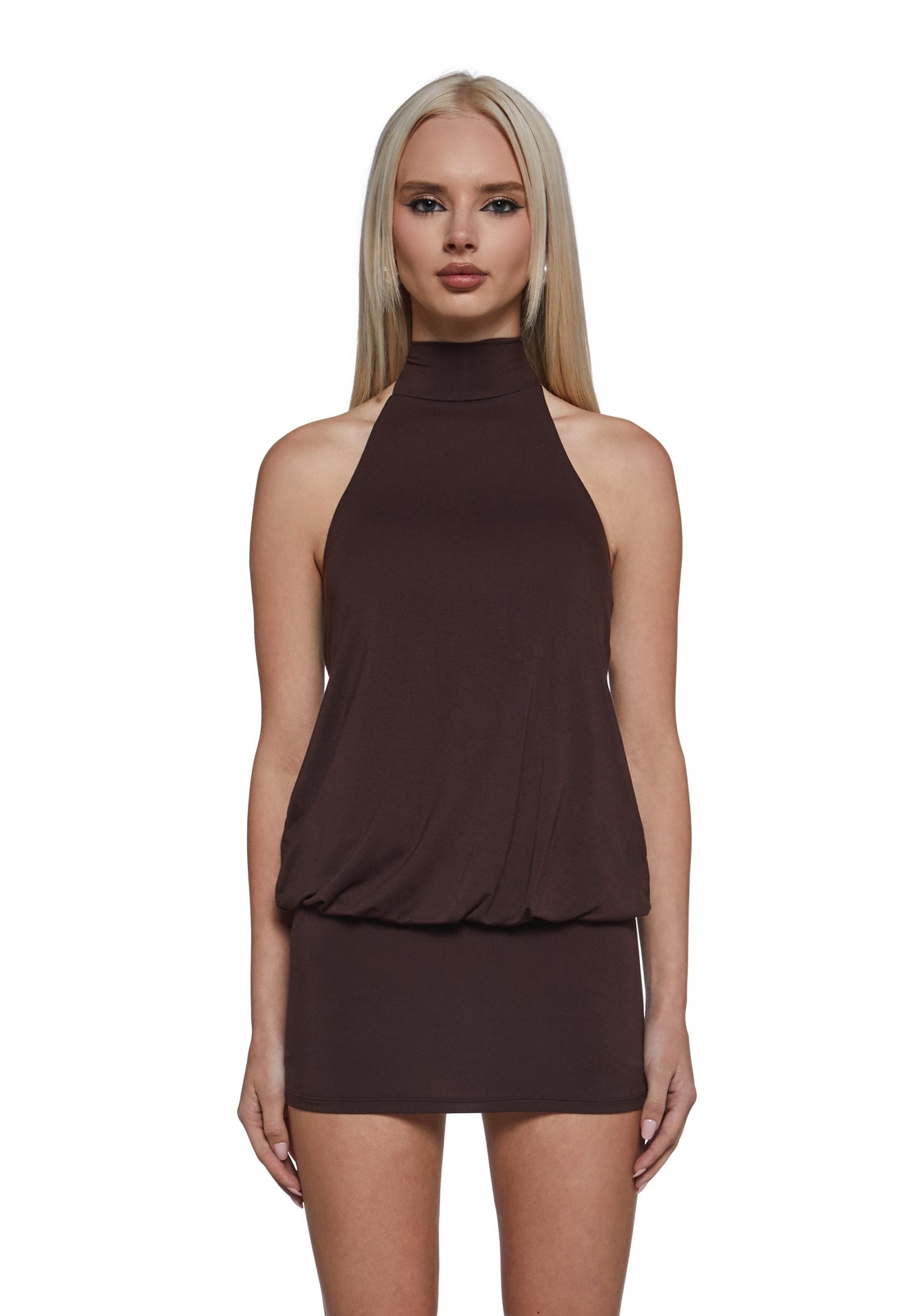 Club Moves Halter Dress – Brown