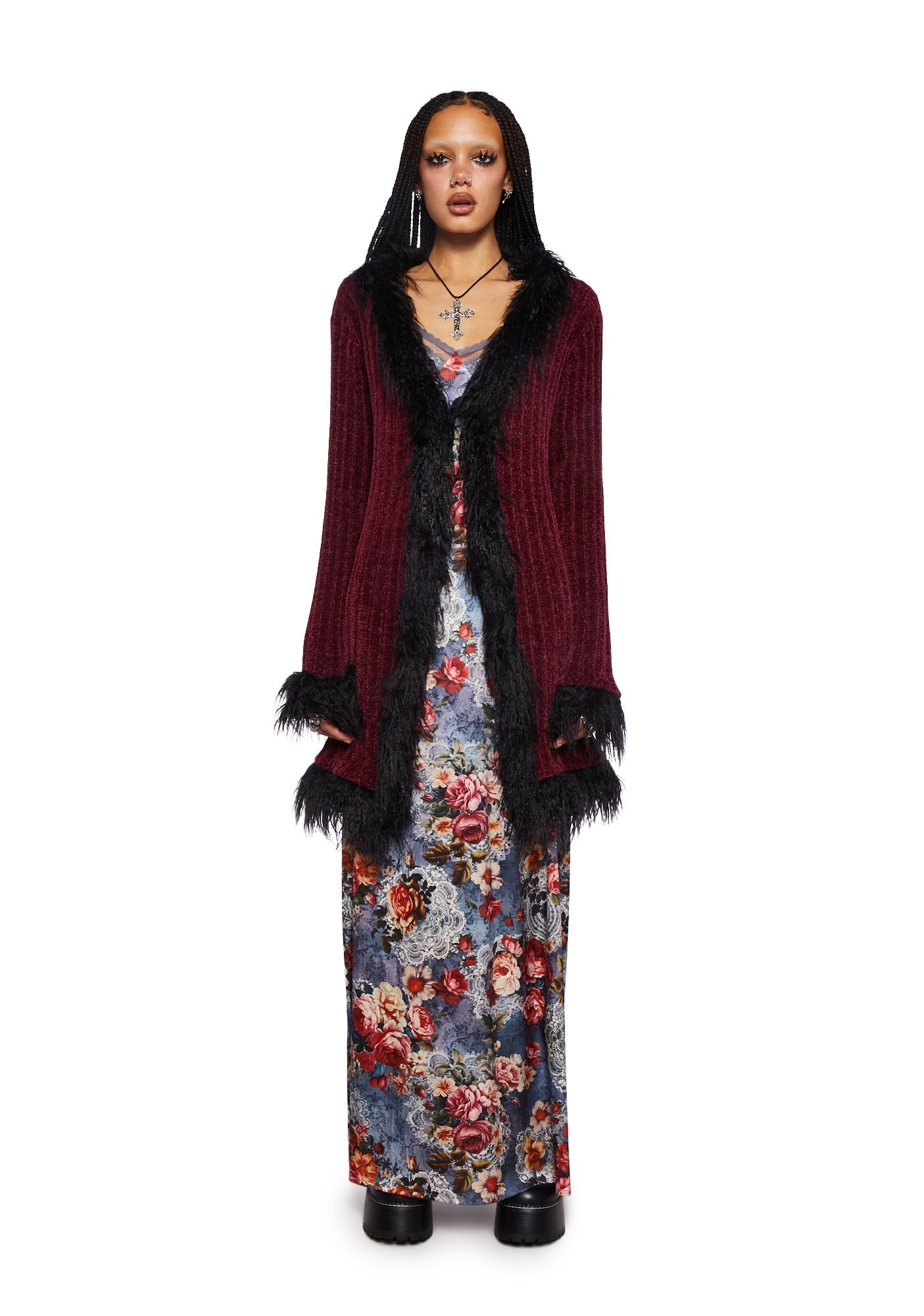 Furry Foe Long Cardigan-Burgundy