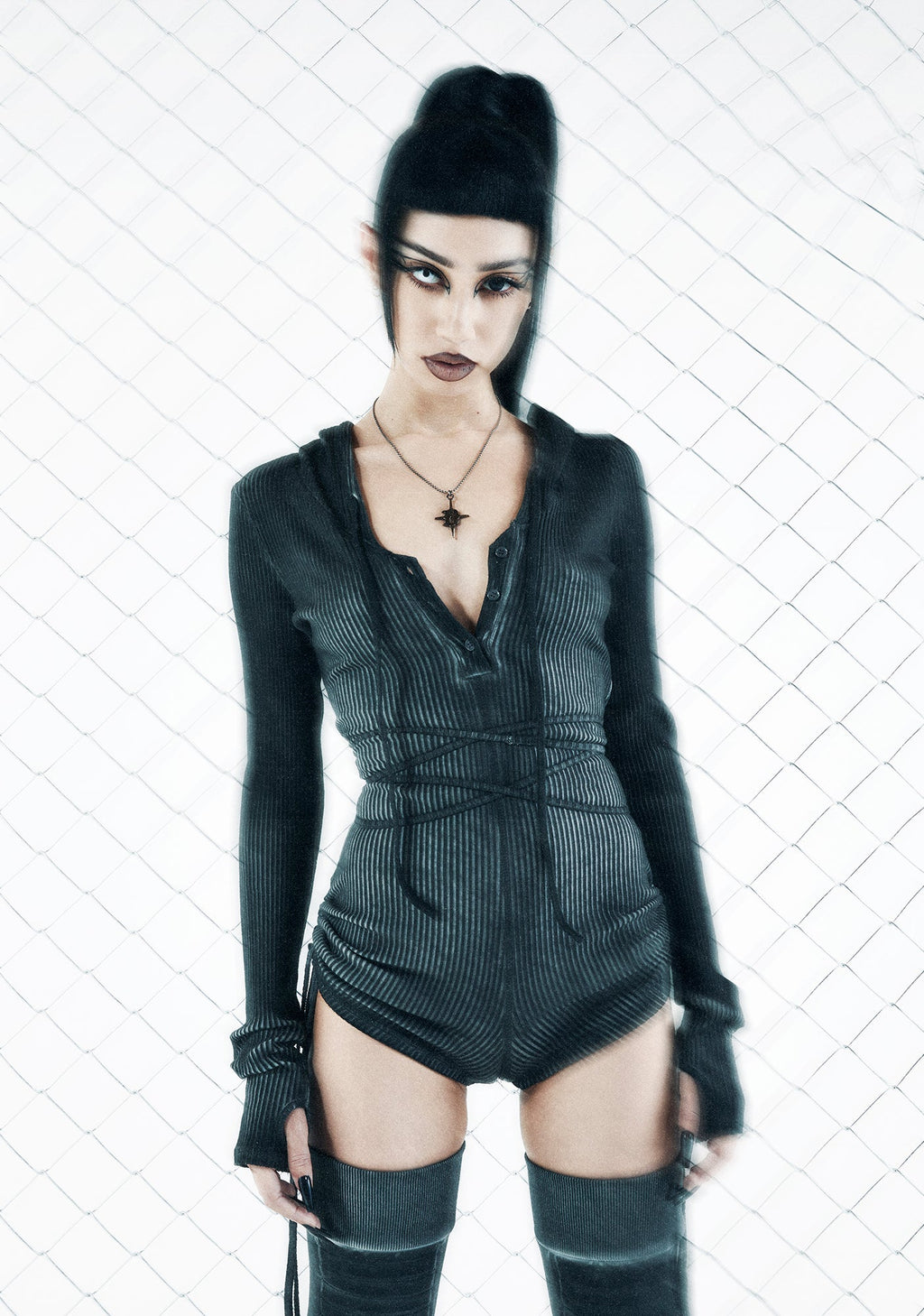 Crossfade Hooded Long Sleeve Romper – Black
