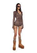 Crossfade Hooded Long Sleeve Romper – Brown