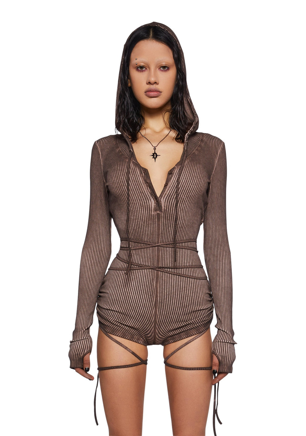 Crossfade Hooded Long Sleeve Romper – Brown