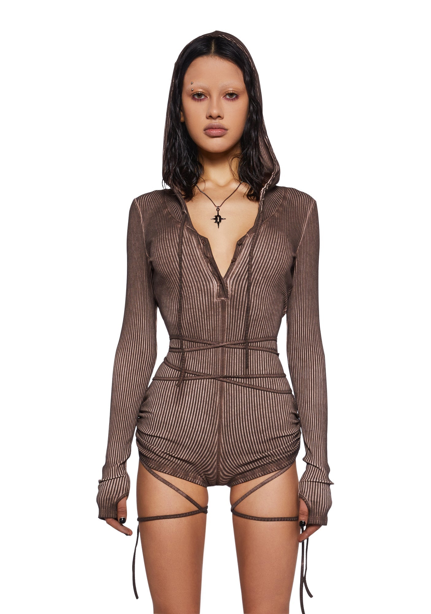 Crossfade Hooded Long Sleeve Romper – Brown