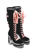 Guiltless Ghost Lace Up Platform Long Boots – Black