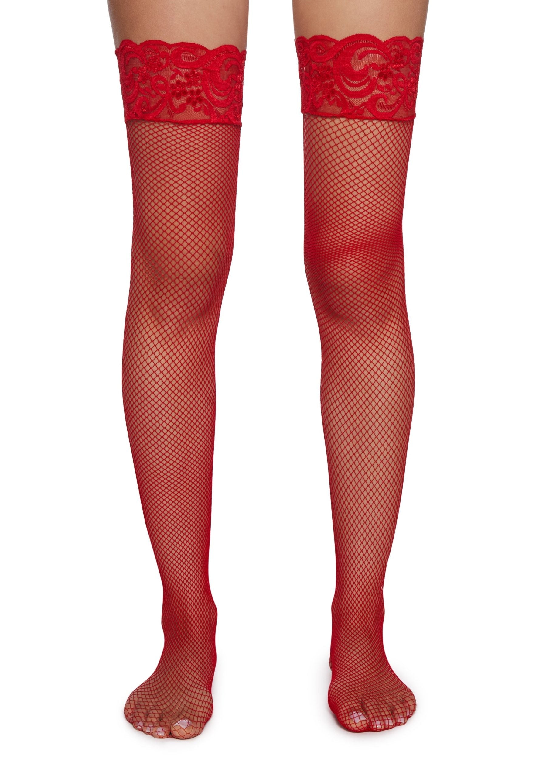 Charming Temptation Fishnet Thigh Highs – Red