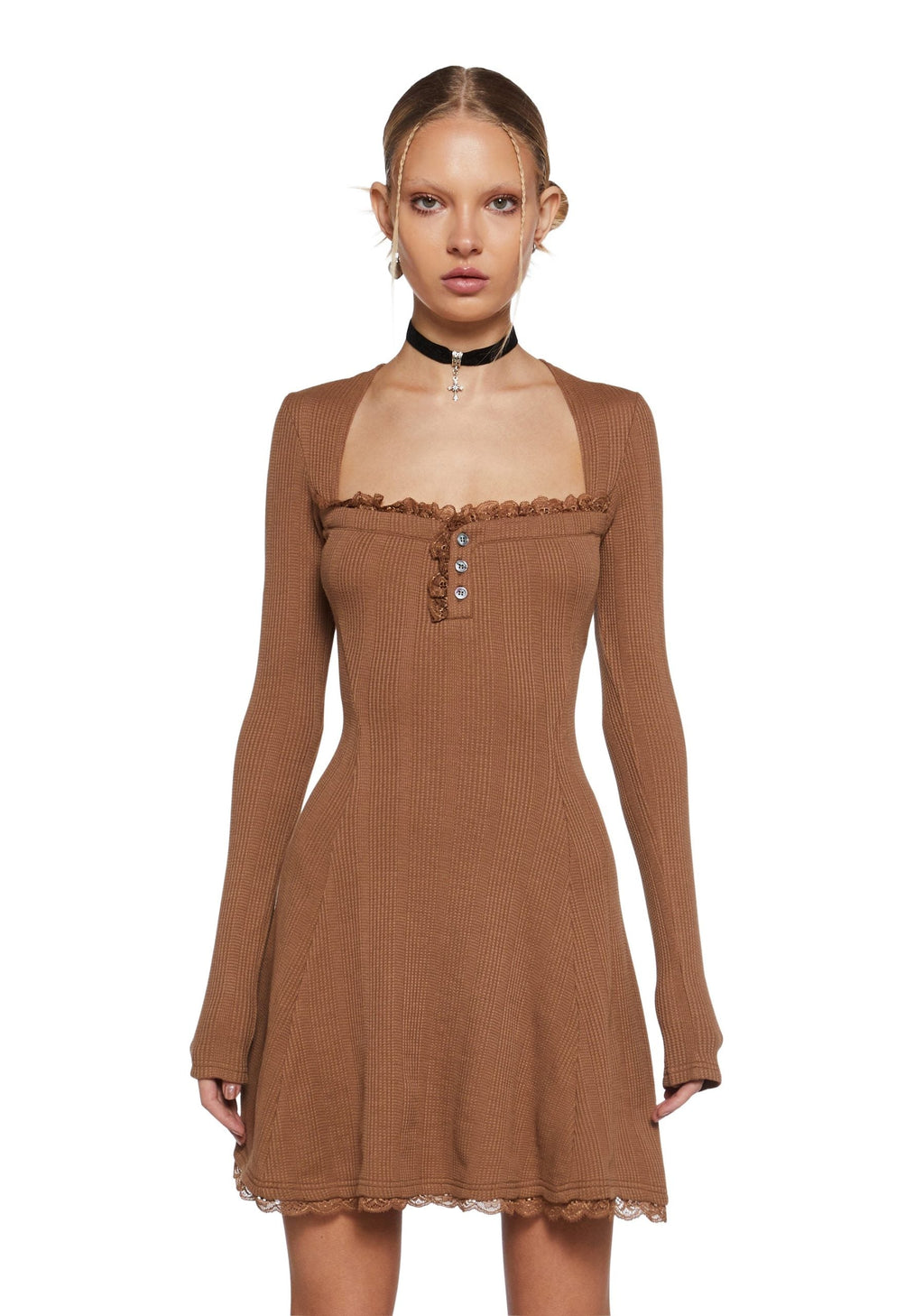 Mid Century Date Thermal Dress – Brown
