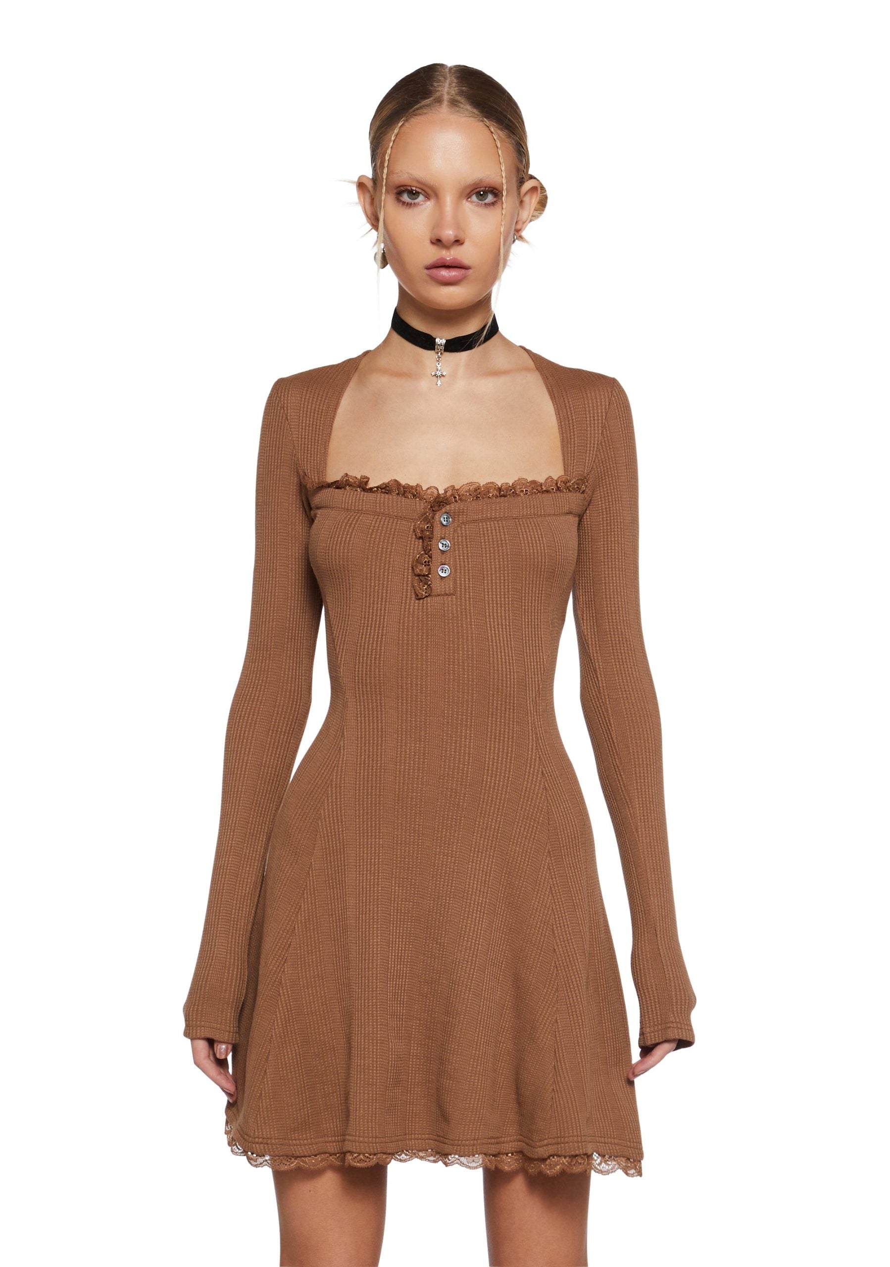 Mid Century Date Thermal Dress – Brown